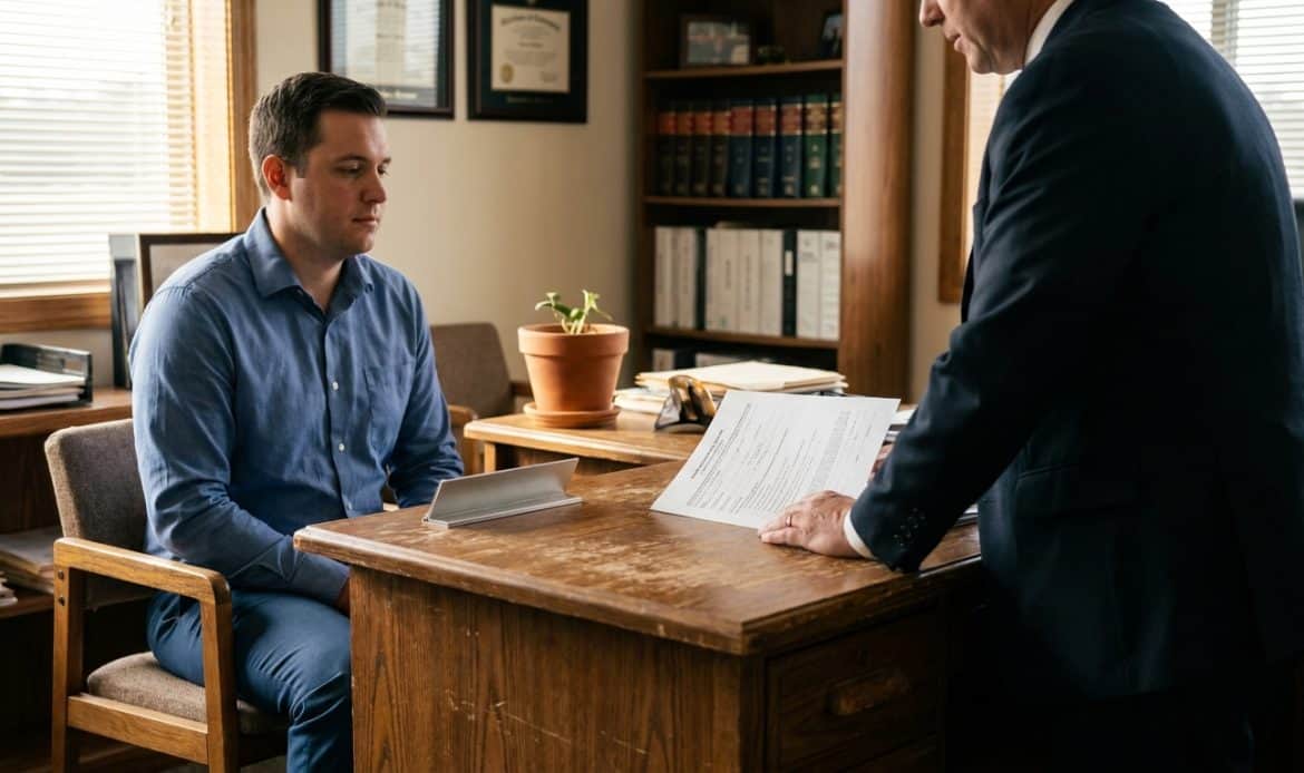 attorney presenting legal document to client across wooden office desk