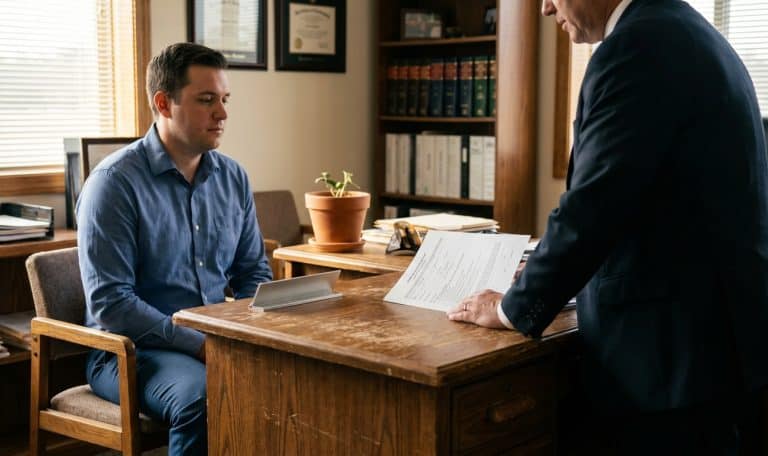 attorney presenting legal document to client across wooden office desk