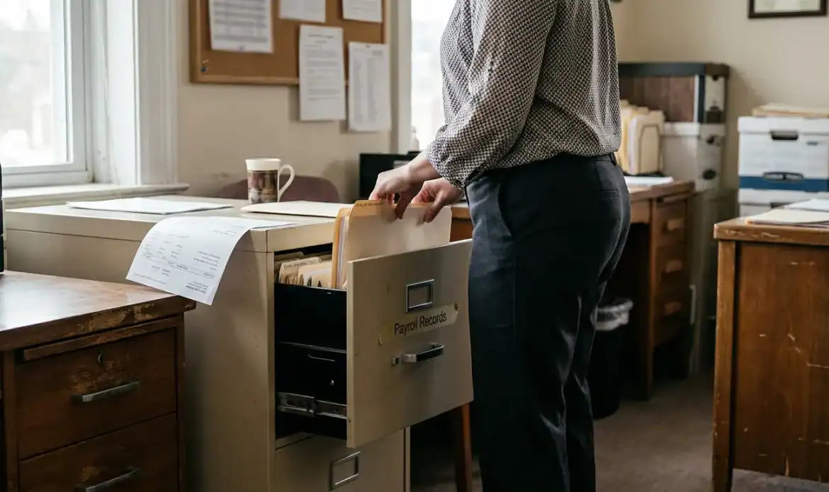professional retrieving folder from Payroll Records labeled filing cabinet in office
