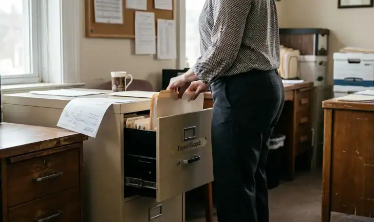 professional retrieving folder from Payroll Records labeled filing cabinet in office