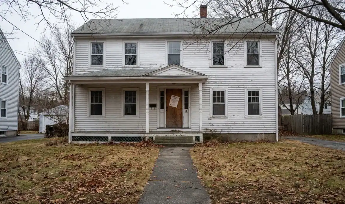 neglected two-story residential house with boarded door and legal notice posted