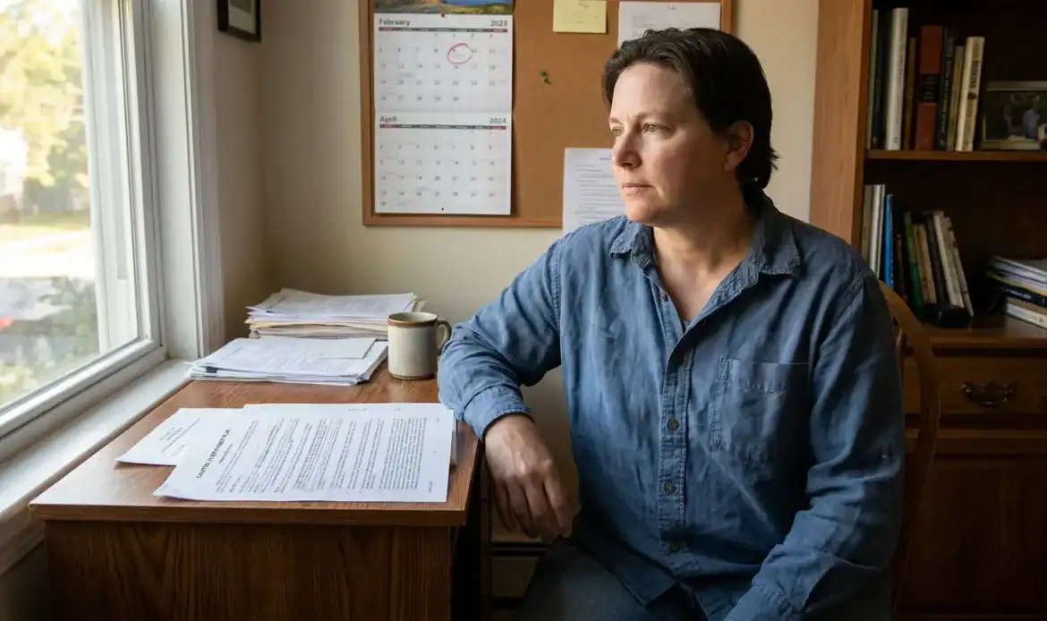 woman seated at desk with legal documents and wall calendar nearby