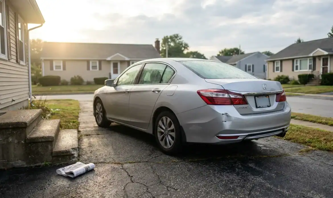 Honda Accord sedan with visible rear bumper damage parked in residential driveway