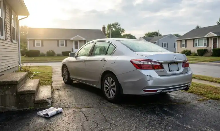 Honda Accord sedan with visible rear bumper damage parked in residential driveway