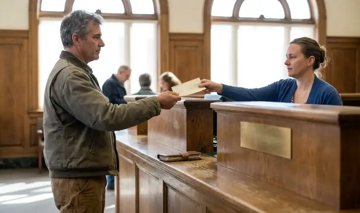 man handing document to clerk at wooden courthouse counter during legal proceeding