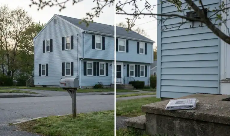 two-story residential house with curbside mailbox and newspaper on front steps