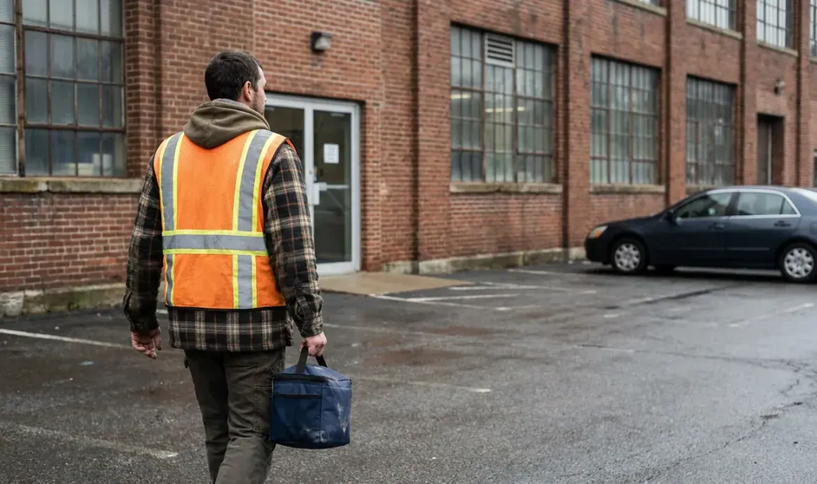 Worker in reflective safety vest walking toward brick workplace entrance carrying lunch bag